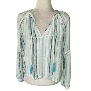 Allison NY Grace Embroidered Aqua Metallic Silver Stripe Tie Neck Tassel Top - S